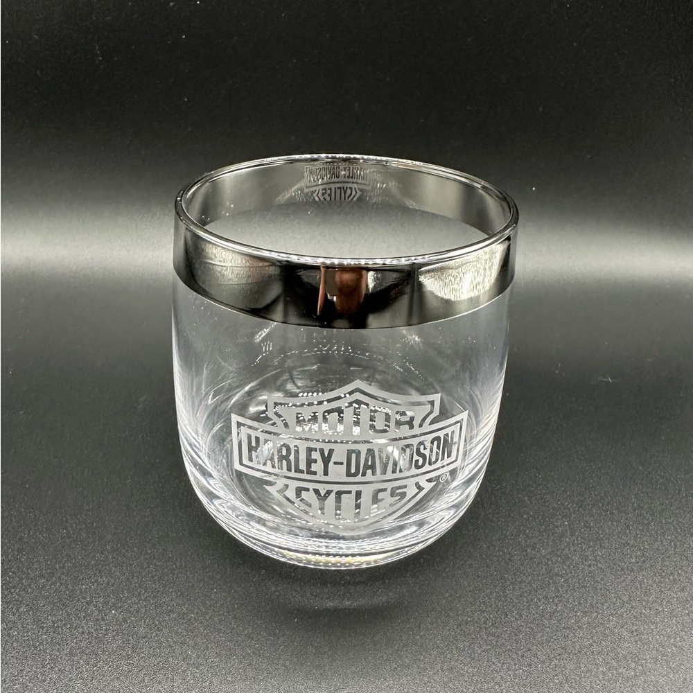 *SOLD* Harley Davidson Glass Tumbler with Curved Base and Silver Trim